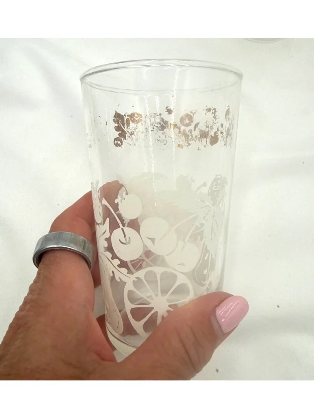 Set Of 6 Vintage Federal Glass Tumblers Gold & White Fruit Floral Design 5